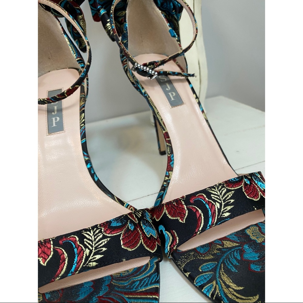 SJP by Sarah Jessica Parker Black Floral Brocade Ankle-Tie Stiletto Heels